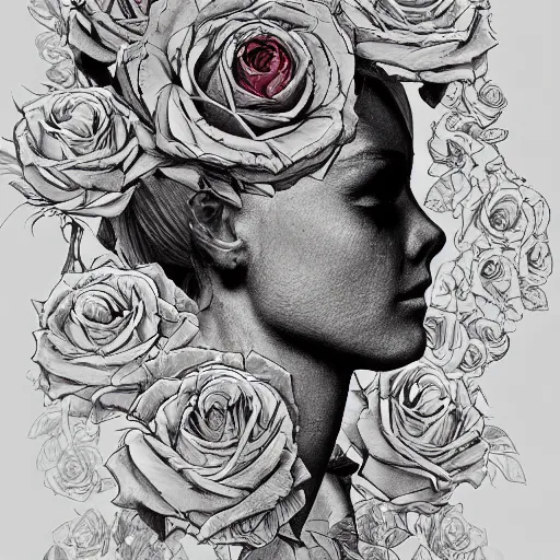 Image similar to the anatomy of a head of lettuce with roses that resemble a beautiful young woman looking up, an ultrafine detailed illustration by james jean, intricate linework, bright colors, final fantasy, behance contest winner, vanitas, angular, altermodern, unreal engine 5 highly rendered, global illumination, radiant light, detailed and intricate environment