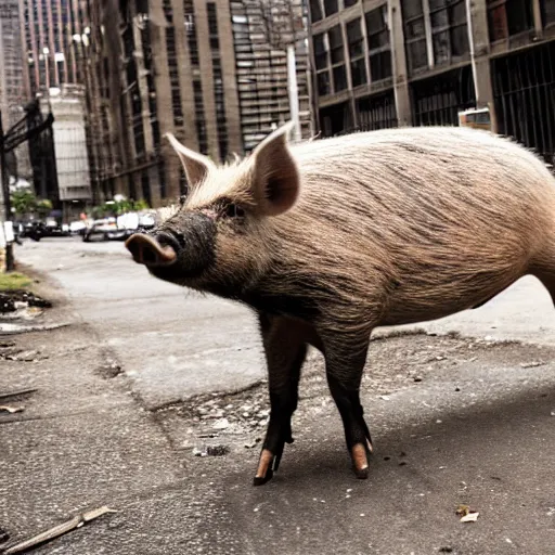 Prompt: a wild pig on a abandoned city of new york the pictures looking around