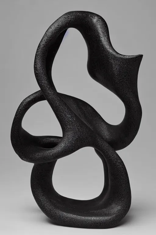 Image similar to a beautiful crafted and rendered black abstract, porcelain sculpture, with many details, that is turning itself inside, rotated and twisted, hyperrealistic and high details and minimalistic ornaments