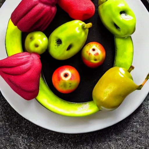 Prompt: Alien fruits on a plate, photo