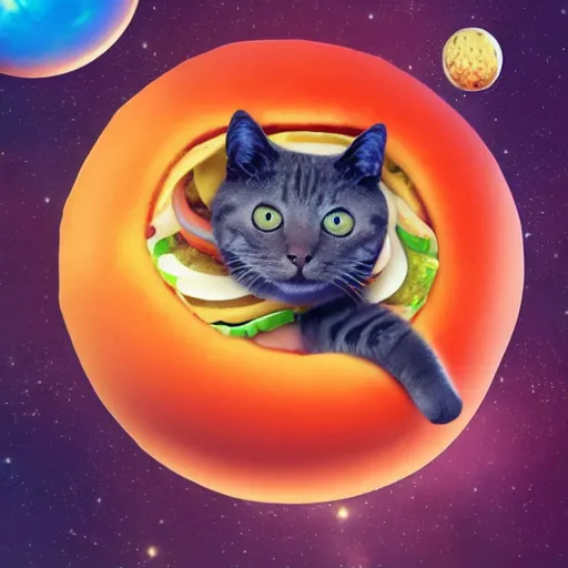 Image similar to cat in burger costume floating in space, digital art, trending on artstation 4k