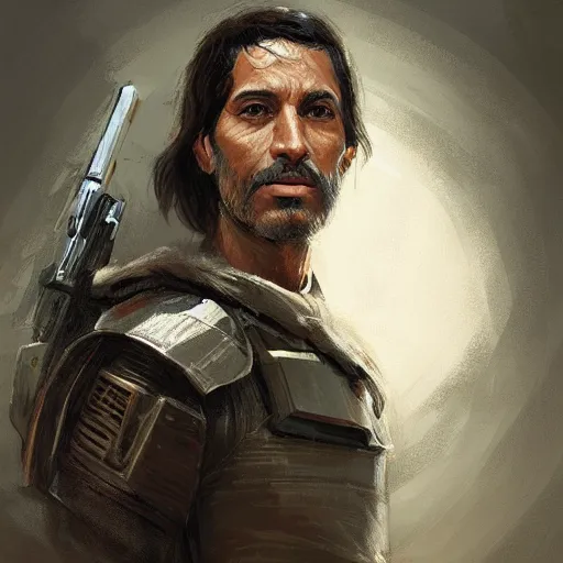 Image similar to portrait of a man by greg rutkowski, a jedi commander, arabian features and olive skin, long black hair, wise appearance, wearing the tactical gear of the galactic alliance, star wars expanded universe, he is about 4 0 years old, highly detailed portrait, digital painting, artstation, concept art, smooth, sharp foccus ilustration, artstation hq