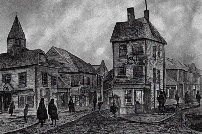 Image similar to port town of innsmouth villagers, eldritch, ominous, photorealistic, scary horror old photo