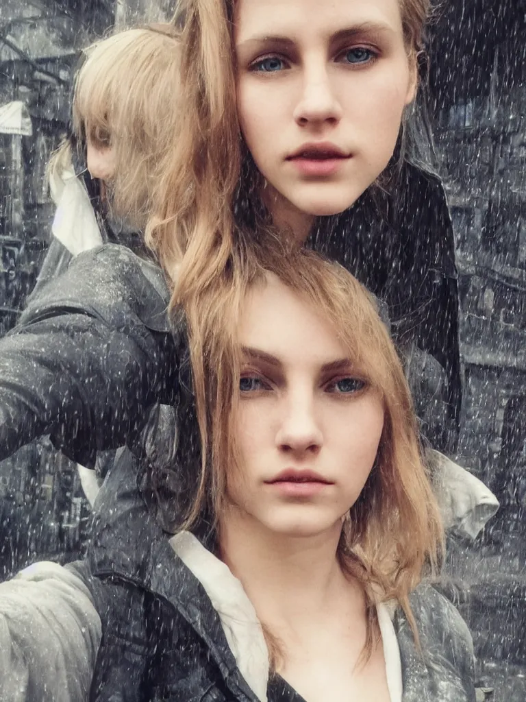 Image similar to cute model annie leonhart taking a selfie in dunwall city, beautiful face, detailed face, natural lighting, rainy weather, volumetric light, gothic architecture, natural reflections, model agency, instagram photo, depression atmosphere, shot on iphone 1 3 pro, beauty filter, postprocessing