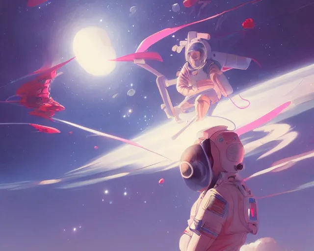 Image similar to young woman flying in space sharp focus, illustration, highly detailed, concept art, matte, trending on artstation, anime, art by james jean and artgerm and brian despain and alberto mielgo, greg rutkowski, wlop, ilya kuvshinov, strong strokes