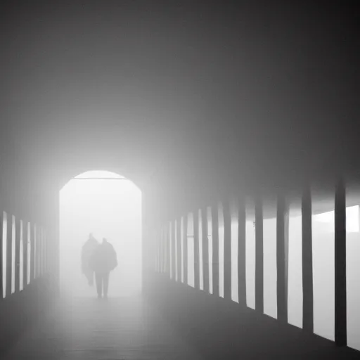 Prompt: long hallway with a fog,