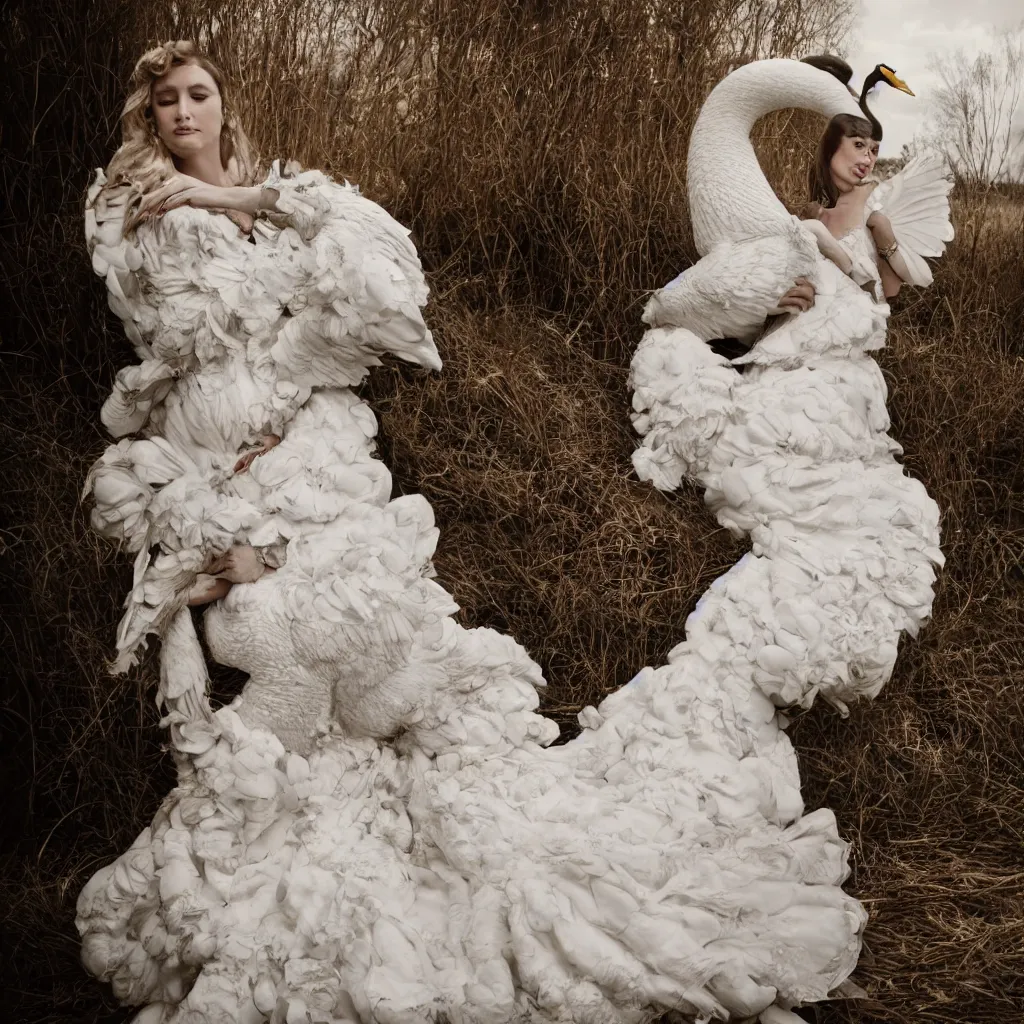 Image similar to a beautiful lady with a large majestic ornate cotton dress with a realistic swan in her arms dramatic light, meredit frampton style