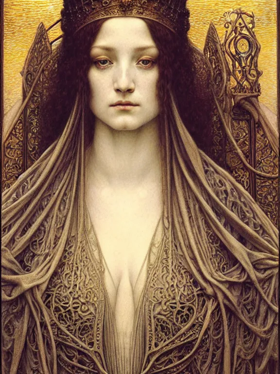 Image similar to detailed realistic beautiful young medieval queen face portrait by jean delville, gustave dore and marco mazzoni, art nouveau, symbolist, visionary, gothic, pre - raphaelite. horizontal symmetry