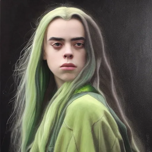 Image similar to Billie Eilish as female loki, oil on canvas, noir, trending on artstation, by Ian Sprigger and Edmund Blair Leighton and Charlie