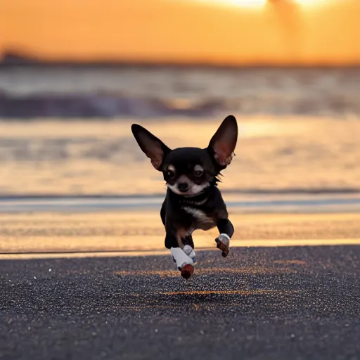 Image similar to high quality action photograph of a black and tan chihuahua running along a beach at sunset, boats in the background, golden hour, beautiful light, seaside, seashore, 2 0 0 mm, f 4, canon, nikon, flickr, 5 0 0 px, behance, award winning photograph