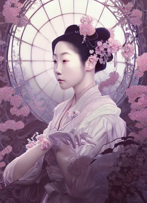 Image similar to portrait of a beautiful japanese princess with white hair dressed as a french maid, elegant, highly detailed, digital painting, an ultrafine detailed illustration by james jean, intricate linework, octane render, by ruan jia and zeen chin and alphonse mucha, unreal engine 5 highly rendered, ethereal, ominous, detailed and intricate environment