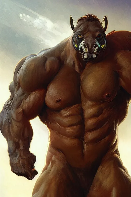 Prompt: portrait of hulking anthro horse whose physique is bursting with muscle wearing a tactical bodysuit, glowing tubes inserted into flesh, test subject, full body, sci - fi, highly detailed, digital painting, artstation, concept art, sharp focus, illustration, art by artgerm and greg rutkowski and alphonse mucha