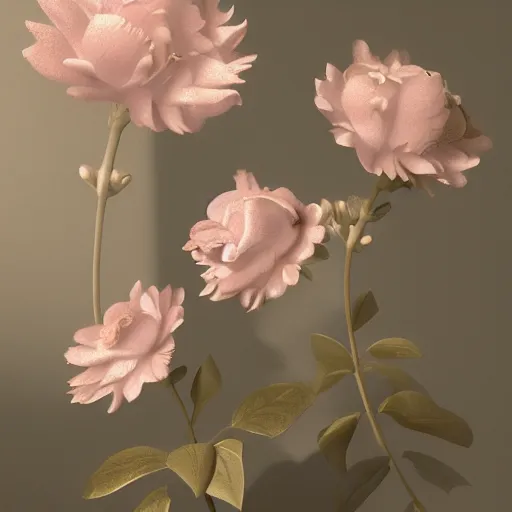 Image similar to 8k, octane render, realism, tonalism, renaissance, rococo, baroque, renaissance art studio, pale pink flowers, gold leaf flowers