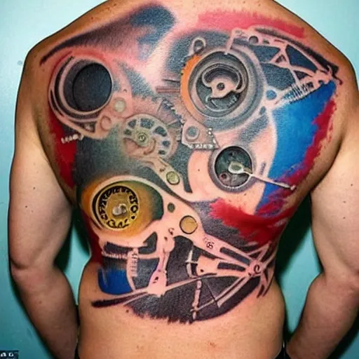 Prompt: backside on the shoulders is a tattoo of a 3 d hole in the skin with multicolored tubes and robotic mechanics and computerparts inside under the skin, insanely integrate,