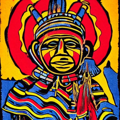 Image similar to colorfull woodcut, statue, character, by hopi indians