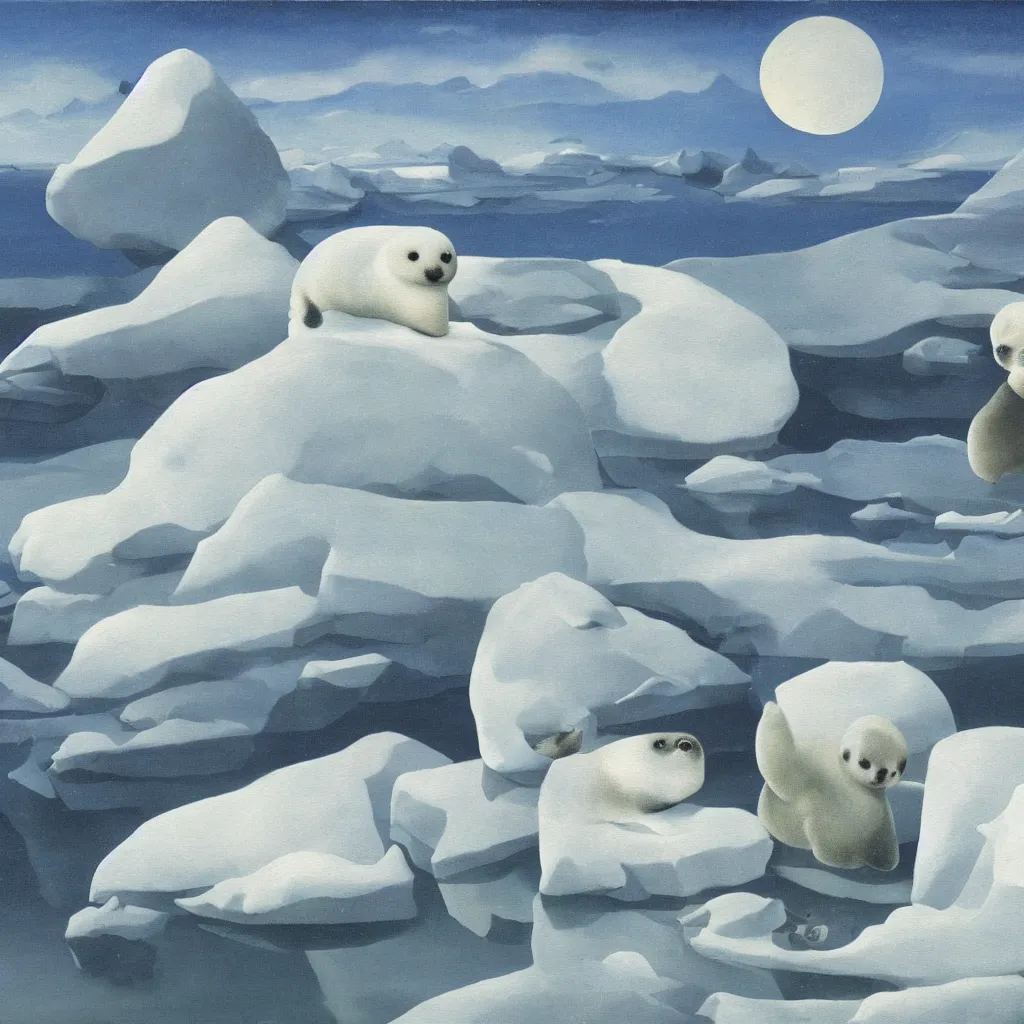 Prompt: a baby harp seal, painting by rene magritte, glaciers and ice and snow