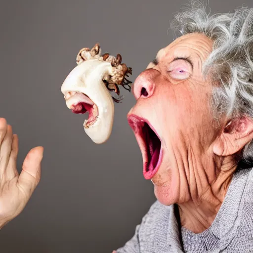 Image similar to a bizarre image of an old woman opening her mouth extremely wide and swallowing a whole goat