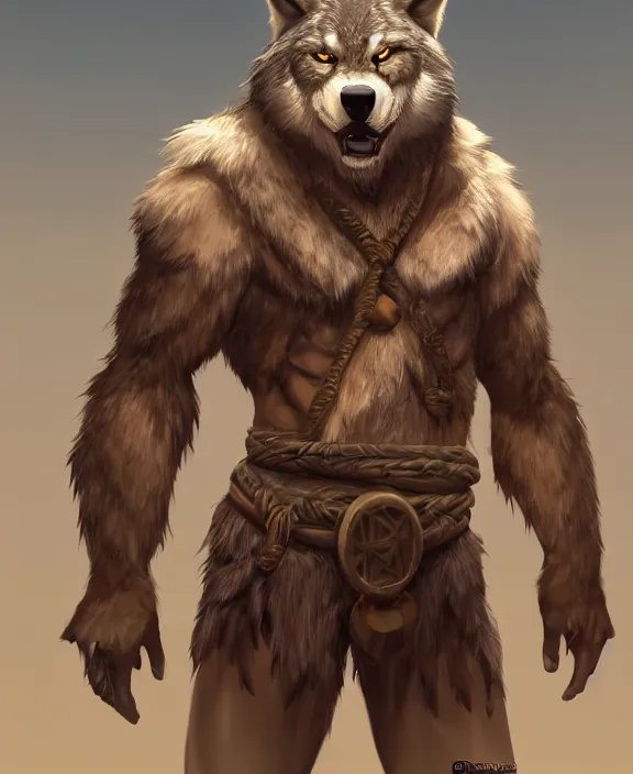 Image similar to burly tough character feature portrait of the anthro male anthropomorphic wolf fursona animal person wearing tribal primitive caveman loincloth outfit belt standing in the entrance to the cave, center framed character design stylized by charlie bowater, ross tran, artgerm, makoto shinkai, detailed, soft lighting, rendered in octane