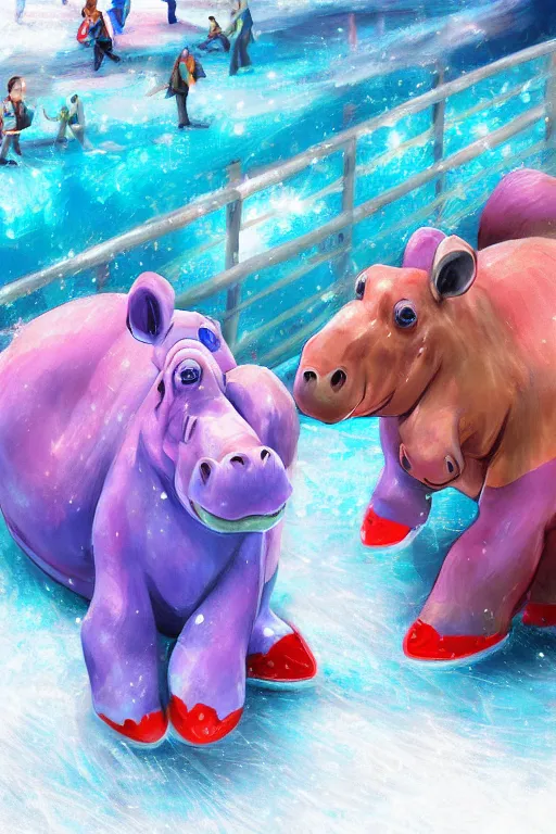 Image similar to colorful hippos ice skating, digital art, artstation trending, digital painting