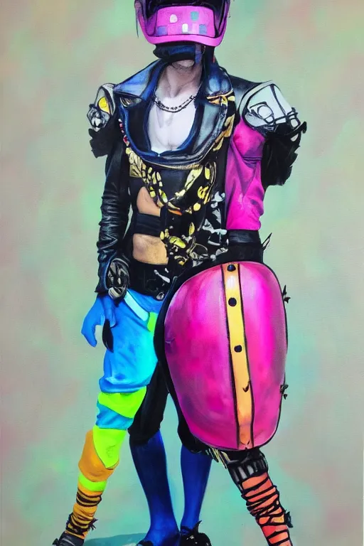 Image similar to a male character wearing a diy! costume dress, punk, with fluo colored details and a transparent helmet, full body, muted colors, vivienne westwood, nausicaa, hyper real acrylic painting