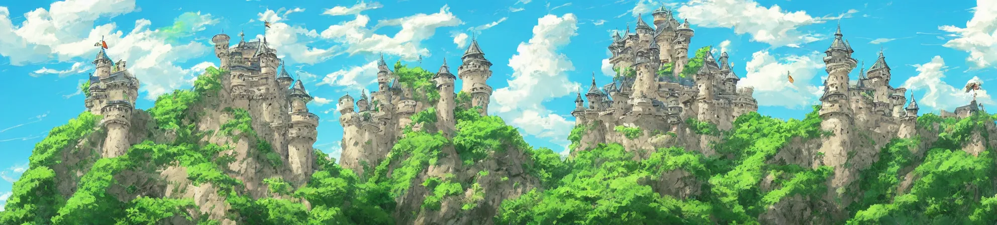 Prompt: Castle with a lot of greenery on its towers, on the island flying in clouds. Art by Hayao Miyazaki