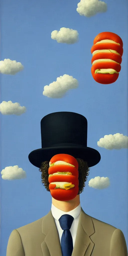 Image similar to A Rene Magritte Son Of Man painting of a man with a hat on a blue background, a floating hotdog blocks the man’s face, The Son Of Man