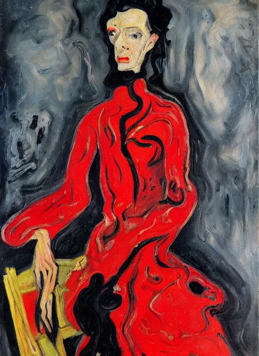 Prompt: an oil portrait of an extremely interesting looking woman in a black fury coat and red dress, a sophisticated composition, in expressive style of Chaim Soutine and Frank Auerbach and Van Gogh, complimentary palette