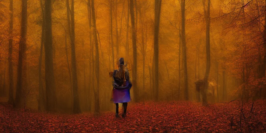 Image similar to a girl in an autumn forest, yellow and red tones, by Aron Wiesenfeld, wolf, cinematic, detailed illustration, nature, fog, dark colors, suspense, intricate, 8k