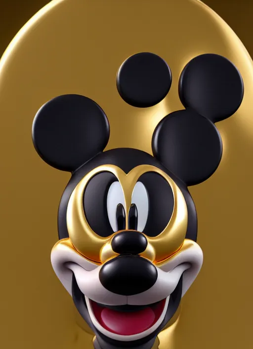 Image similar to stylized gold onyx ornate statue full body made of marble of disney character mickey mouse, perfect symmetrical body, perfect symmetrical face, hyper realistic, hyper detailed, by johannen voss, by michelangelo, octane render, blender, 8 k, displayed in pure white studio room