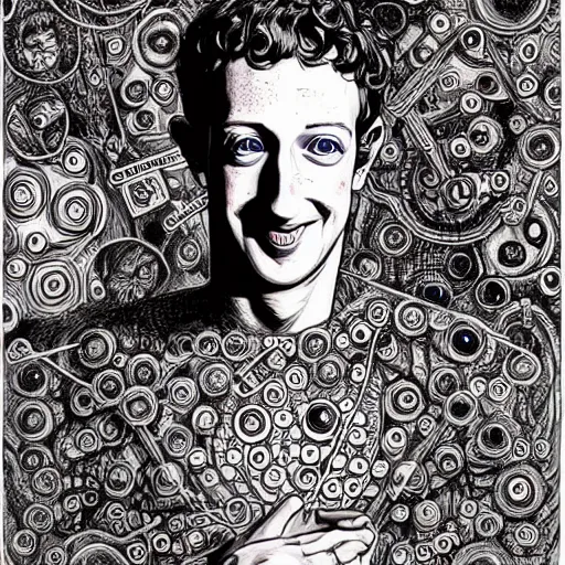 Image similar to the inner self of mark zuckerberg, clockwork engine, psychedelic, lsd, spiritual, mystical, epic beautifully detailed pen, ink and copic markers drawing by milo manara