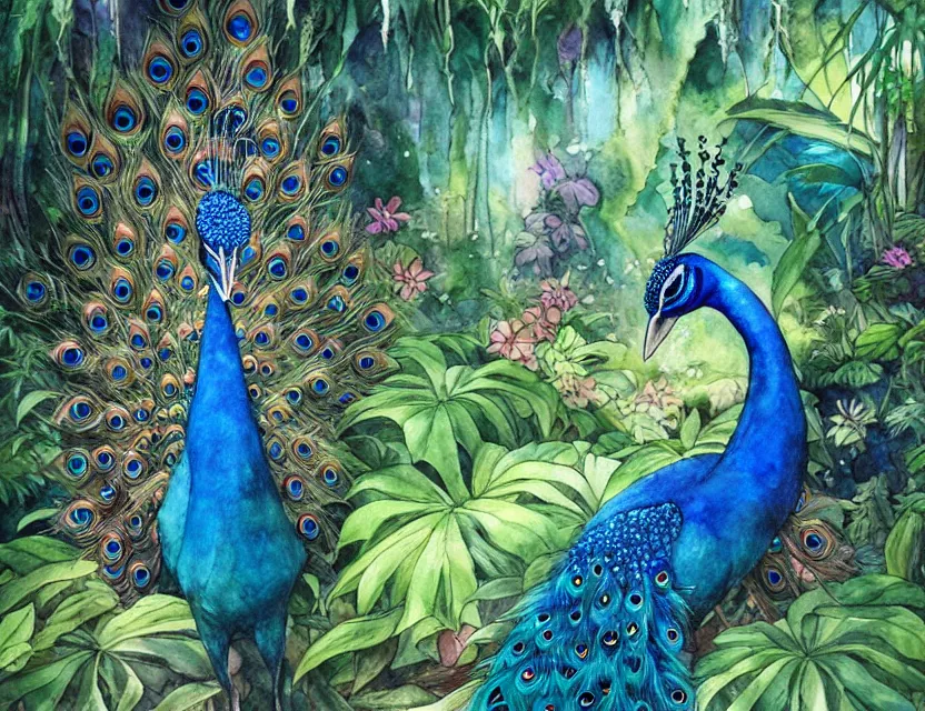 Prompt: faerie peacock in a tropical greenhouse. this watercolor painting by the award - winning mangaka has a beautiful composition, great sense of depth, dramatic lighting and intricate details.