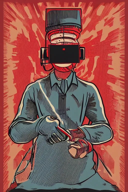 Image similar to worker burn factory with oculus through his head, poster propaganda art style, higly detailed