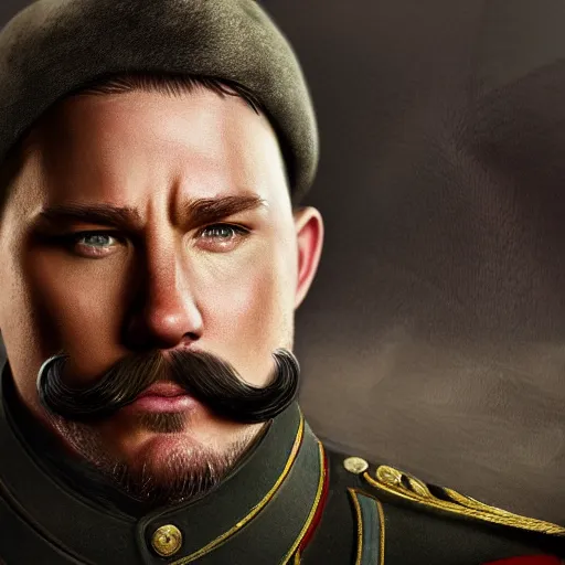 Prompt: fullbody portrait of channing tatum with handlebar moustache, wearing russian ww 1 clothes, with black furry beanie on head, white thatch houses at background, style ivan talavera and artgerm, radiant lighting, hyper realistic, photorealistic, octane render, trending on artstation, cgsociety, cinematic light, global illumination