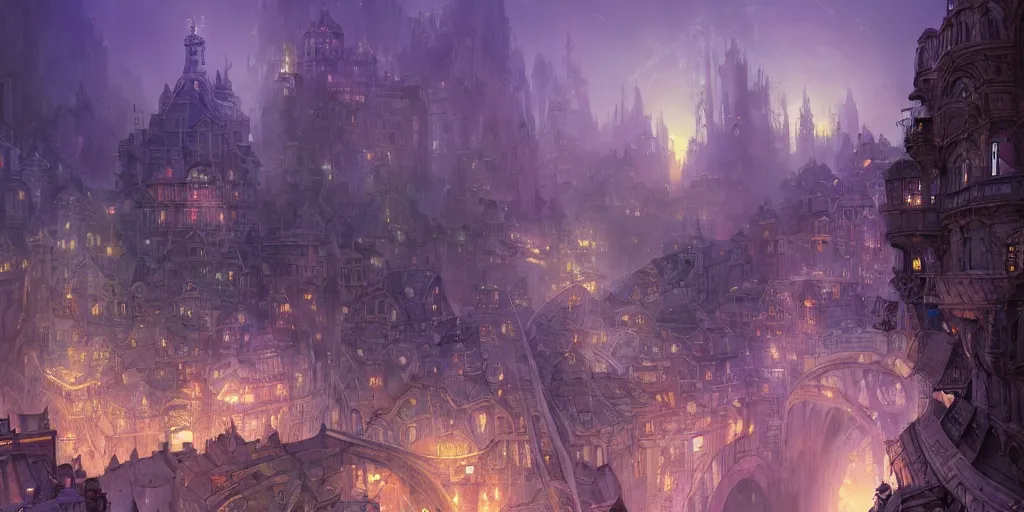 Prompt: fantasy coastal city with river and waterfalls, white buildings with lavender color roofs, bridges, lilac bushes, Art Nouveau architecture, night with lights, art by Finnian MacManus , Marc Simonetti, Thomas Scholes, Peter Mohrbacher, volumetric lighting style, highly detailed, intricate, artstation, digital paining, matte painting, 8K