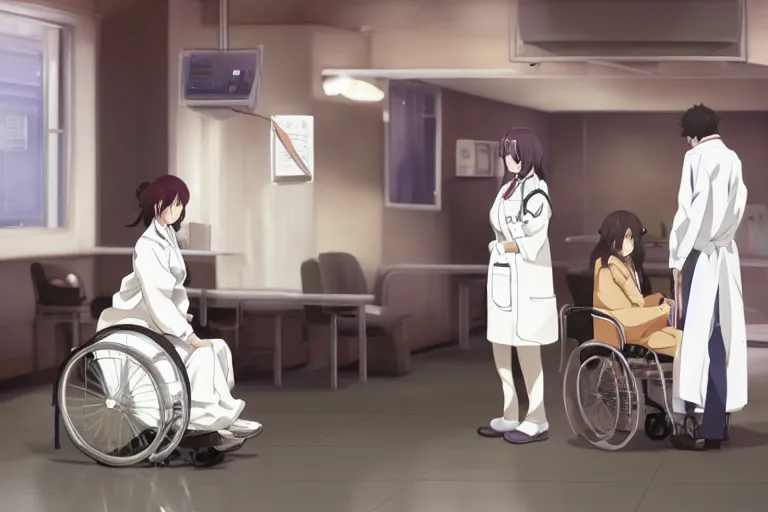 Prompt: a elegant female doctor wearing white coat are serving an old patient in a wheelchair in a hospital ward, slice of life anime, cinematic, realistic, anime scenery by Makoto shinkai