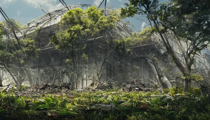 Image similar to destroyed collapsed national geographic museum covered by vegetation, debris, sunny day, hyperdetailed, artstation, cgsociety, 8 k