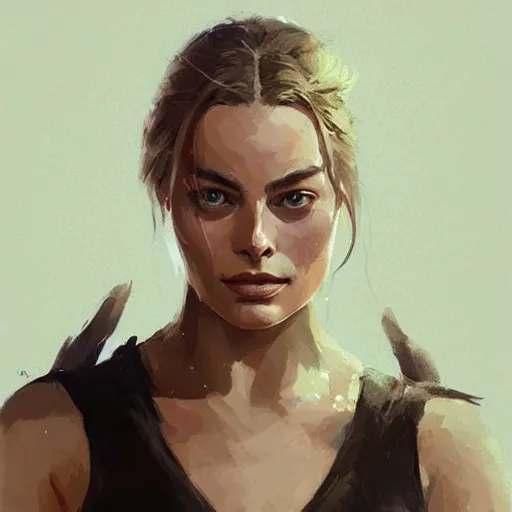 Image similar to “Portrait of Margot Robbie by Greg Rutkowski, young, attractive, highly detailed portrait, scifi, digital painting, artstation, concept art, smooth, sharp foccus ilustration, Artstation HQ”