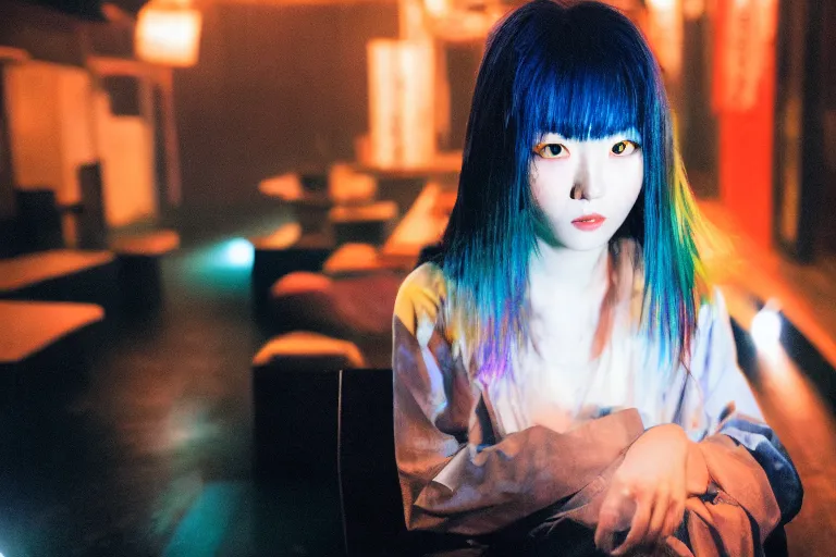 Image similar to photography masterpiece by haruto hoshi and yang seung woo, flash photography, portrait of a young japanese woman with dyed hair sitting in a in a kyabakura night club, shot on a canon 5 d mark iii with a 3 5 mm lens aperture f / 5. 6, dslr, hd, full res, 4 k