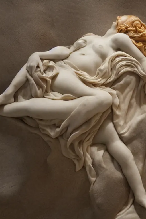 Prompt: Marble Sculpture of Aphrodite lying on a silk cloth, fog, volumetric lighting, inspired by The Birth of Venus by Sandro Botticelli, trending on artstation.