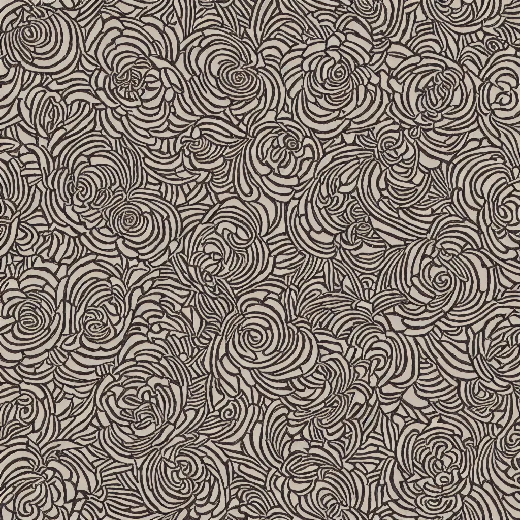 Prompt: optical illusion woodblock print, flowery field stamp pattern