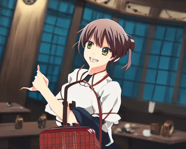 Image similar to key anime visual portrait of a young female with luggage in a tavern interior, dynamic pose, dynamic perspective, cinematic, dramatic lighting, muted colors, fine detail, textured, big detailed anime eyes outlined, anime proportions