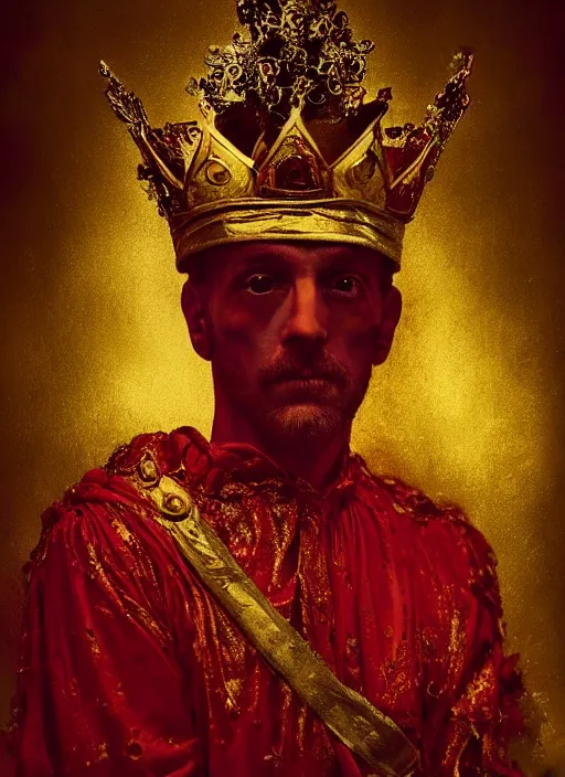 Image similar to 'Portrait of Crowned King Arthur' by Lee Jeffries royally decorated, whirling plasma, atmospheric motes, red and gold Sumptuous garb, gilt silk fabric, radiant colors, fantasy, perfect lighting, studio lit, micro details,