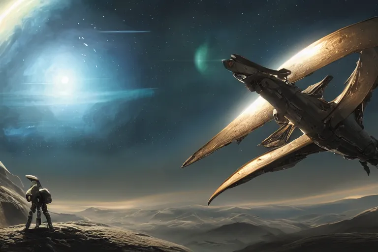 Prompt: character design, a human pilot back turned, holding a helmet, he walks towards his craft, helmet in hand, pterosaur styling on the space suit, kanji insignia and numbering, Raymond Swanland and Jessica Rossier nebula like clouds in space background near a ringed gas giant, hyper detailed hyper detailed, 8k, ultra realistic, cinematic lighting, ultra wide 35mm lens, Boeing Concept Art, Lockheed concept art