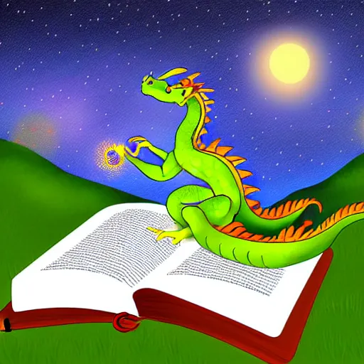 Image similar to dragon reading a book underneath the stars, digital art