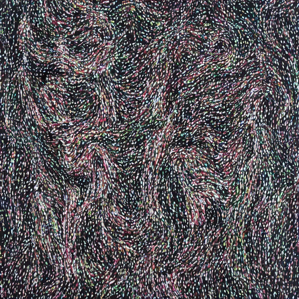 Image similar to camo made of teeth, smiling, abstract, francis bacon artwork, cryptic, dots, spots, stipple, lines, splotch, color tearing, pitch bending, faceless people, dark, ominous, eerie, hearts, minimal, points, technical, old painting, neon colors