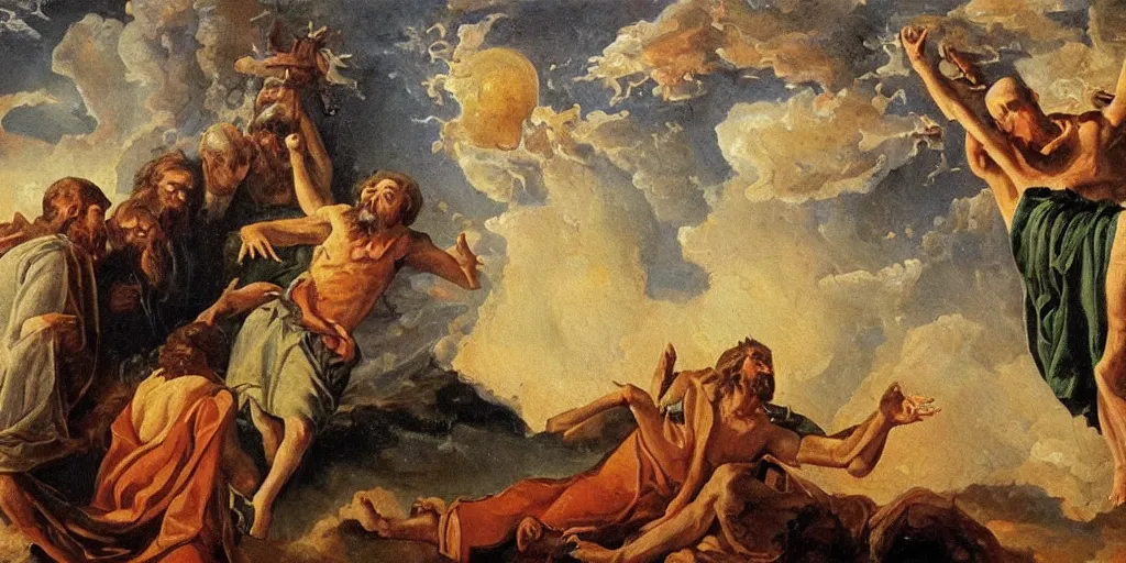 Prompt: masterful religious oil painting god announcing the end of the world