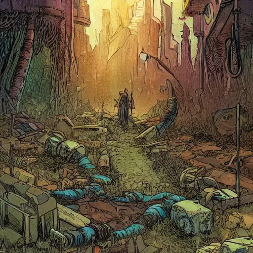 Image similar to ligne claire art of a druid in postapocalyptic city intertwined with nature in the open space, by moebius, bright colors, eisner award - winning spread