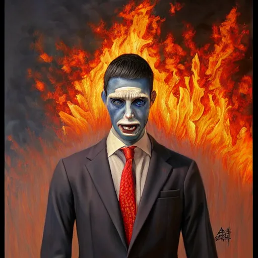 Image similar to a hyper realistic painting of a patient young man in a burning business suit, cloth is burning, full body painting, long shot, coherent symmetrical eyes, calm face, by jeffrey smith, by andrea kowch, by steve henderson, masterpiece, trending on artstation,