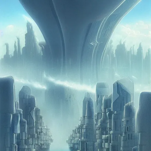 Prompt: floating futuristic city in the clouds, matte painting, in style of michael whelan