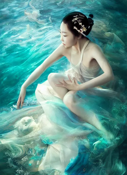 Image similar to stunningly beautiful, asian prima ballerina at the bottom of the great barrier reef, smooth, focus, highly detailed, hyper realistic, dramatic lighting, intricate, concept art, art by wlop, mars ravelo, greg rutowski